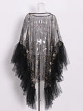 Elegant Dress For Women O Neck Flare Sleeve Sequins Patchwork Mesh Hit Color High Street Dresses Female 2023