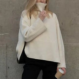 2021 Women Turtleneck Knitted Striped Sweater Autumn Winter New Clothes Ladies Korean Casual Loose Split Pullover Top