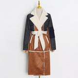 Toloer New Long Denim Splicing Lamb Wool Coat Female Lapel Waist Show Thin Temperament Fashion Coat-Outfit
