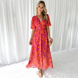 Summer Print V-Neck Sexy Bohemian Bubble Sleeve Holiday Beach