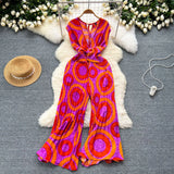 Ins Wear A Female Senior Sense Sleeveless V-Neck Tie Strap To The Belt Print Loose Broad Legs 100-Folded Jump-Fitting