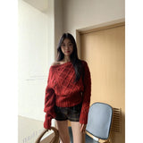 Year's Christmas Red Tlings Bare Shoulder Flower Sweater Autumn And Winter Thick Temperament Short Knitted Shirt