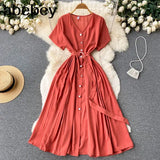 Vacation Chiffon Dresses For Women 2022 Pleated Long Dress Solid Color Temperament V-neck Maxi Bohemia Dress Robe