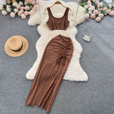 Split Sexy Fashion Two Pieces Suits Summer Mini Camis+Elastic Drawstring Slim Midi Long Skirt Sets Women Solid