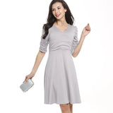 Women Dresses A-Line Solid Short Sleeve V-Neck Fit Clothing Robe Vintage 50s 60s Rockabilly Dress