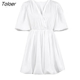 Fashion Casual Short Dresses Women 2022 Lantern Sleeve V-Neck Sexy White Dress Summer Elegant Pleated A-Line Female