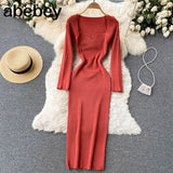 For Women 2022 Sexy Strapless Ribbed Knitted Bodycon Dress Women Winter Long Sleeve Midi Sweater Dress