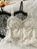 French Print Lace Cami Crop Tank Top Camisole Women's Tube Top Slim Short Tanks Vest Y2k Fashion Streetwear black