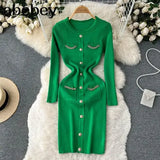 Fashion Women Sweater Dress V Neck Chain Long Sleeve Bodycon Dress Female Elastic Waist Solid Warm Knitted