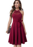 Vintage Halter Sleeveless Solid Lace Bow A-line Midi
