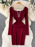 Slim Bodycon Knitted Dress Temperamant Long Sleeve bodycon Sweater Dress Square Collar Women Winter Short