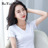 Cotton V-neck Tshirt Female Korean Hipster Basic Short Sleeve T-shirt Women Harajuku Casual Vintage Tee Shirts