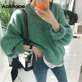 Aachoae Sweater Women 2021 Autumn Winter Solid O Neck Pullover Sweaters Korean Style Knitted Long Sleeve Jumpers Casual