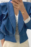 Fall 2023 Women Clothing Cropped Denim Jacket Vintage Turn-down Collar Puff Sleeve Ruffles Crop Tops Korean Jean