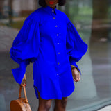 Summer Large-Size Loose Bubble Sleeves Solid-Color Open-Sleeved Shirt Dress
