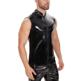 Toloer Men's Mirror PU Bright Leather Vest Slim Leisure Waterproof Stand Collar Without Ff Vest No Smell-Outfit