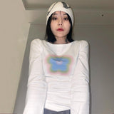2000s Harajuku T-shirts Grunge Fairycore Print Crop Tops Korean Fashion Sexy Slim Tshirt Kawaii Y2k Aesthetics Tops