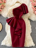 Sexy Off Shoulder Party Dress Women Summer Diagonal High Waist Irregular Ruffle Bodycon Vestidos Female Casual Red/Pink Robe