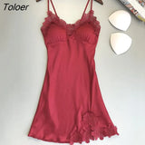 Women's Sexy Lingerie Summer Silk Night Gown Lace Patchwork Mini Night Dress Spaghetti Strap Sleepwear Ladies NO Chest