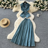 Age-Down Suit Women's Summer Ripe Wind Folds Back-Clip-Free Denim Blouse + High Waist