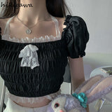 Sweet Blouses Women Patchwork Lace Off Shoulder Backless Shirts Crop Tops Chic Folds Puff Sleeve Sexy Y2k Blusas