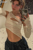 Asymmetrical Cut Out Cropped Top with Arm Sleeves Fairycore Y2k Streetwear White T Shirts for Woman Clothes