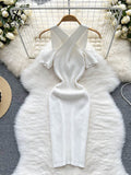 Summer Knitted Midi Dress Women Elastic Waist Bodycon Sundress 2022 Ladies Fashion knit Off the Shoulder Slim