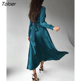 Elegant Satin Square Collar A-Line Dresses Autumn Black High Waist Midi Dress Party Long Sleeve Lace Up Dress Women