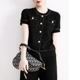 Women Golden Button Hollow Out Knitting Tops + Wide Leg Pants 2Pcs Sets Casual Short Sleeve Tops Knitwear Trousers