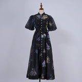 Court Style High Design Feeling Heavy Industry Nail Drill Short Sleeve Single Buckle Dress +