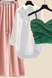 Summer New Lace Suspender White Shirt Wide Leg Pants Three-piece Elegant Women Pants Set Summer Outfits