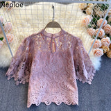 Korean Woman Clothes Blusas Mujer De Moda Fashion Shirts 2023 Hollow Out Floral Blouses Women Lace Laides Cropped