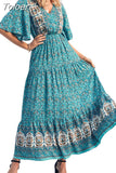 Beach Long Dress Women Clothes 2023 Summer Button V-neck Flared Sleeves Dresses Boho Hippie Chic Maxi Dress
