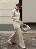 Fashion Long Sleeve Blouses Womens Two Peice Sets Casual Loose Slit Wide Trouser Suits Elegant White Pleated Female