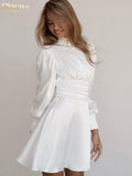 Fashion Stand Collar Satin Women Dresses Autumn Elegant Long Sleeve Backless Mini Dress Casual Sliim Pleated Dress