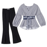 2022 Spring 2 Pcs Suits Women's Striped Bow Lantern Sleeve Blouse Black Split Flare Sleeve two piece set top and