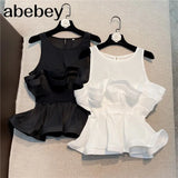 2022 Solid Color Sweet Pleated Ruffles Patchwork Shirt Women Sleeveless Slim Chiffon Blouse Top for