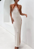 Beige Romantic Strap Sleeveless Color Blocking Knitted Backless Long Loose Holiday
