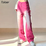 Star Patches Designs Pink Cute Y2K Low Rise Jeans Washed Tie Dye Gradient Straight Denim Pants Women Korean