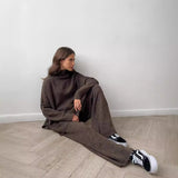 High-Neck Open Fork Wool Sweater Set Women's Loose Casual Lazy Knitting Trousers