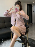 Fragrance Vintage Tweed Two Piece Set Women Crop Top Woolen Short Jacket Coat + Mini Skirts Sets Pink Two Piece