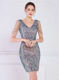 Modest V-neck Sleeveless Sequined Mini Slit Club