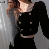 Cardigan Chic Y2k Clothes Square Collar Long Sleeve Double Breasted Knit Sweater Tops Korean Fashion Tunic Sueter