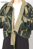 Army Green Jacket For Women Turtleneck Long Sleeve Patchwork Hit Color Pockets Casual Coats Female 2023 Fashion