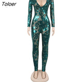 Deep V Neck Transparent Mesh Flower Sequins Bodycon Jumpsuit Female Party Club Long Sleeve Romper Glitter Overall Plus