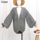 2023 Autumn And Winter Sweater Cardigan Bohemian Style Hand-knitted Bat Lantern Sleeve Sweater Jacket Female