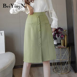 Korean Skirt Women Vintage Elegant Office Ladies Skirts Buttons OL Work Wear Casual High Waist Saia Black Faldas