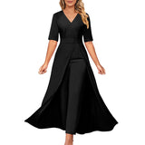 Office Lady Jumpsuit Patchwork V Neck 2023 New Summer Lace Up Women One Piece Long Trousers Solid Overalls