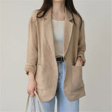 2021 Spring Summer Women's Blazer V-Neck Full Sleeve Pockets Khaki Cotton Linen Jacket Female Casual Outer Wear