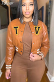 B PU Faux Leather Crop Bomber Coat Ladies Stand Collar Full Sleeve Baseball Jackets Streetwear Button Down Slim Fit